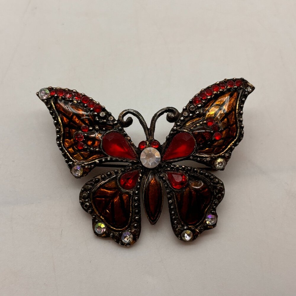 Vintage Red Crystal and Rhinestone Gold Tone Retro Butterfly Brooch